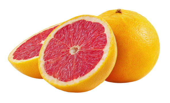 Vibrant pink grapefruit, whole and halved, with textured rind
