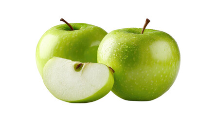 Juicy green apples, one sliced, on a dark background
