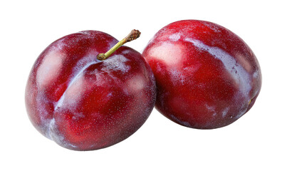 Two ripe, glossy plums with a vibrant red-purple hue