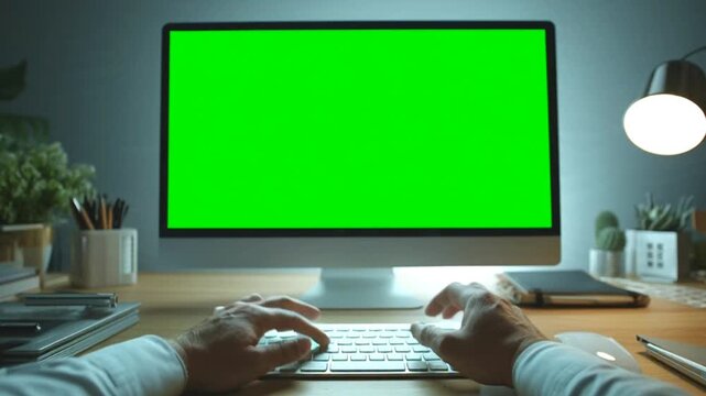 Businessperson on keyboard, editable LCD monitor for metropolitan signs, announcements to advertise conference seminar, colleague collaboration, colours, isolating