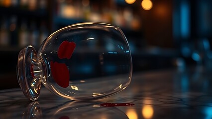 imprudence. An overturned wine glass with lipstick marks on a bar counter in moody lighting. bar promotions, beverage menus, designed for food & beverage menus and cafe branding.
