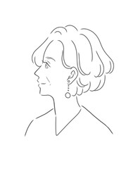 ショートヘアのきれいなシニア女性の横顔の線画