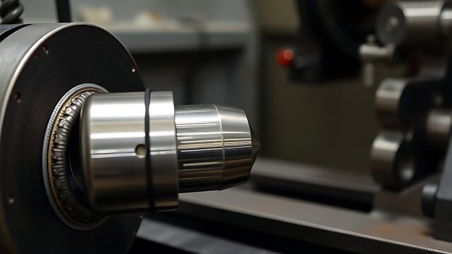mandrel. A conical metal lathe mandrel rotating with an unfinished tube sleeve fitted over it. safety posters, maintenance manuals, designed for precision metalworking and fabrication facilities.