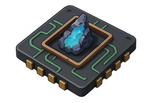 Processor microchip with glowing energy core isometric icon