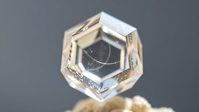 condoning. A naturally formed icosahedral crystal mineral, refracting geometric light in soft natural lighting against a clean background. STEM education sheets.