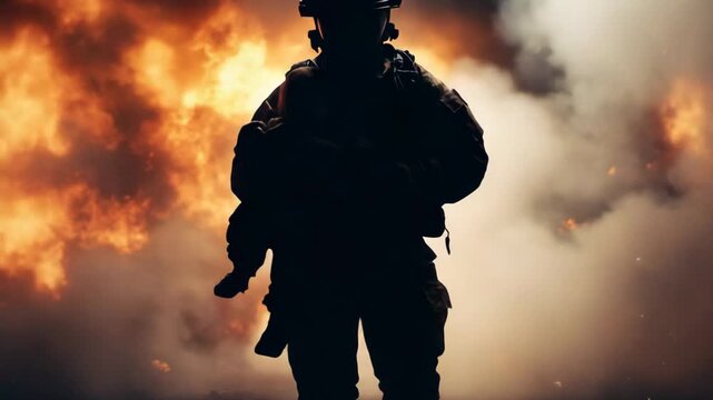 selective focus determined firefighter carrying rescued child from smoke filled building