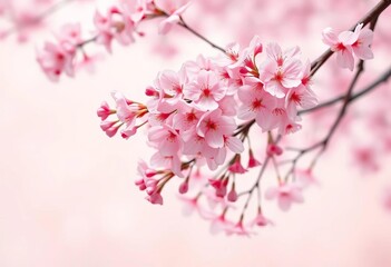 Soft pink cherry blossoms falling on pastel background, drawing, art