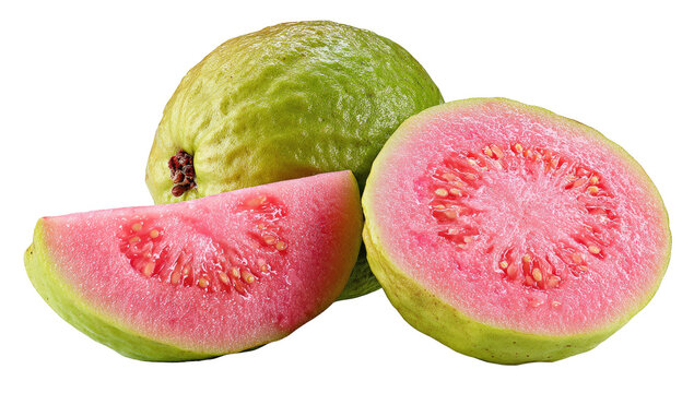 Vibrant pink guava halves and slice on a dark background