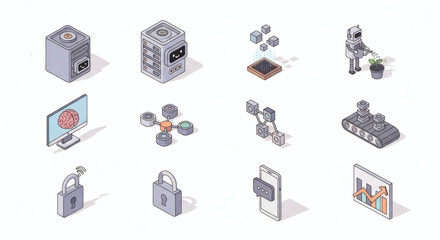Modern Isometric Technology Icon Pack Featuring Digital Innovation, Artificial Intelligence, Data Analytics, Cybersecurity, and Robotic Automation Concepts.