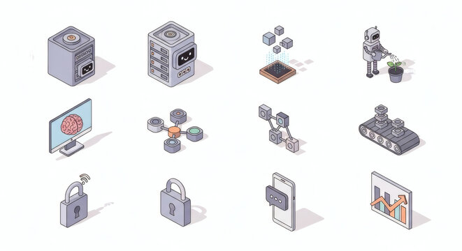 Modern Isometric Technology Icon Pack Featuring Digital Innovation, Artificial Intelligence, Data Analytics, Cybersecurity, and Robotic Automation Concepts.