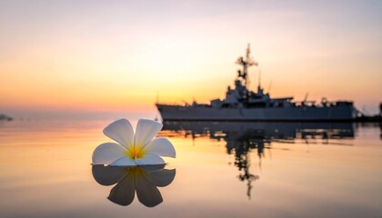 Obraz premium Serene Sunset Flower's Reflection at Sea with Ship Silhouette