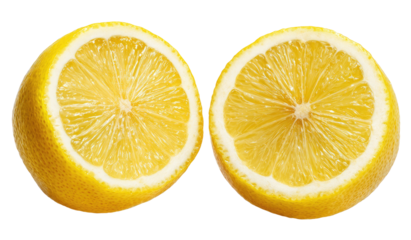 Two vibrant yellow citrus fruit halves, freshly cut, reveal juicy pulp
