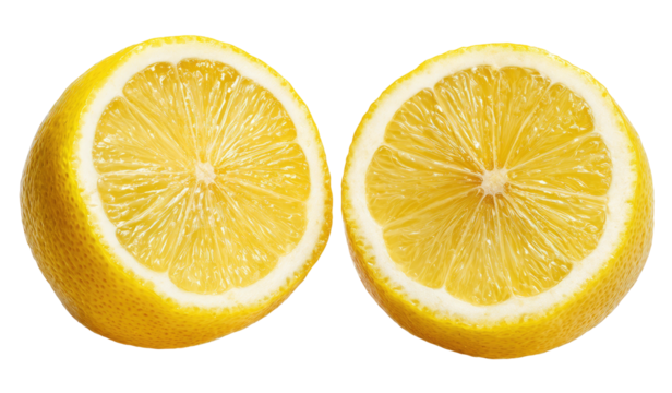 Two vibrant yellow citrus fruit halves, freshly cut, reveal juicy pulp