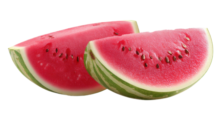 Two juicy watermelon slices with black seeds, set against black