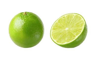 Whole and halved bright green citrus fruit on black background