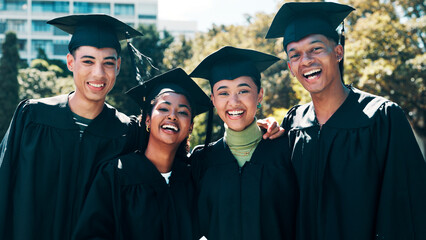 Portrait, smile and friends at graduation outdoor for learning achievement. Happy, people and celebration for education success, academic qualification and university milestone of excellence ceremony