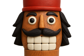 A claymation style wooden nutcracker soldier with a big smile, black mustache, and red hat in a detailed close-up portrait showing its handcrafted texture