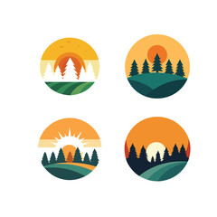 Four Circular Landscape Illustrations of Sunsets with Pine Trees and Hills sunrise