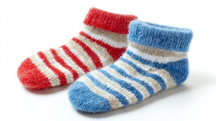 Cozy striped baby socks in red and blue on a white background.