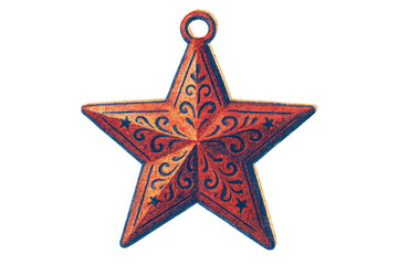 Fototapeta premium A vintage red and blue Christmas star ornament with intricate filigree patterns and a nostalgic, textured print style for seasonal holiday decoration