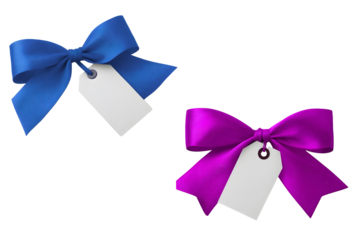 Elegant blue and purple satin bows with blank white gift tags for christmas presents or birthday gifts against a perfect for ecommerce promotions on transparent background