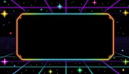 A retro-futuristic digital display against a starry background with neon grid and stars