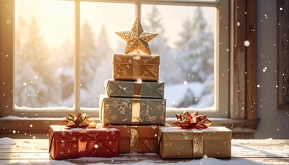 Holiday Gifts by the Window A Festive Stack of Presents with a Star Ornament on a Snowy Day