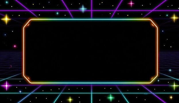 A retro-futuristic digital display against a starry background with neon grid and stars