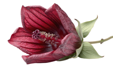 Deep red, veined bloom with prominent stamens and green sepals