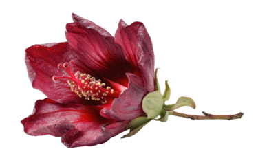 Deep red flower with prominent stamen, isolated on black