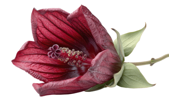 Deep red, veined bloom with prominent stamens and green sepals
