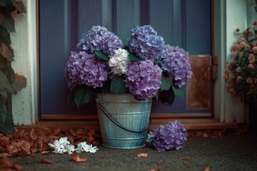 A rustic metal bucket overflowing with vibrant purple hydrangeas sits by a blue door