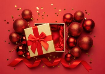 Elegant christmas gift box, red ornaments, golden confetti.
