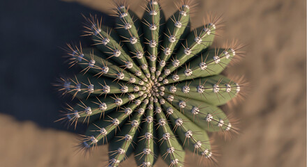 Perfect top view of a green cactus showing geometric spiral pattern. Minimalist botanical background with sharp spines and natural symmetry in desert sunlight.