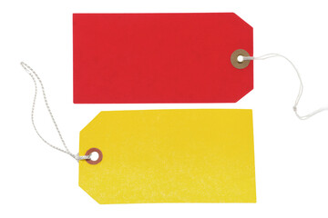 Blank gift tag shaped like a present with a red bow,. Two vibrant tags one red and one yellow with string against a for product label on PNG transparent background