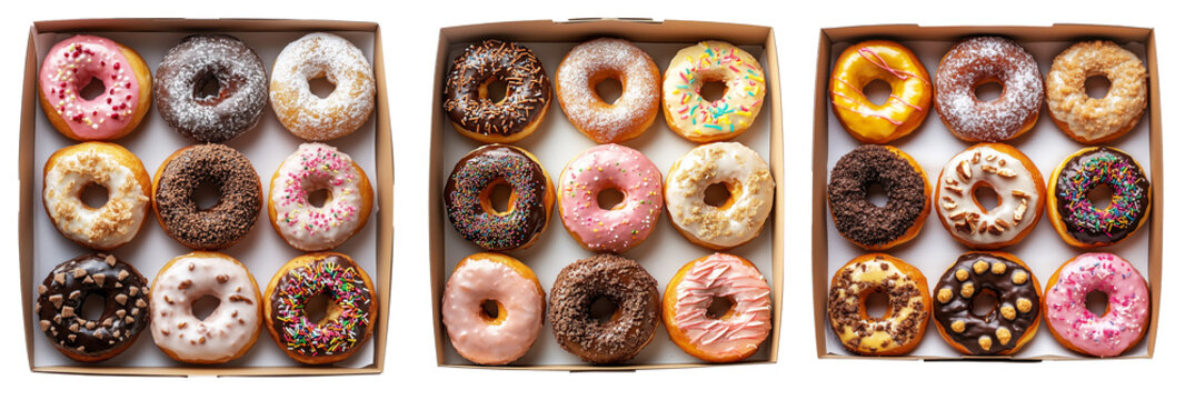Assorted donuts with colorful icing and toppings in a box, isolated on white transparent background