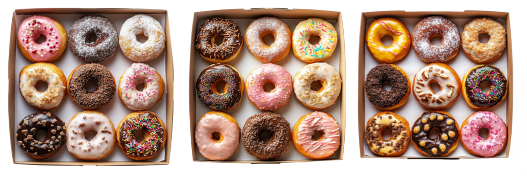 Assorted donuts with colorful icing and toppings in a box, isolated on white transparent background