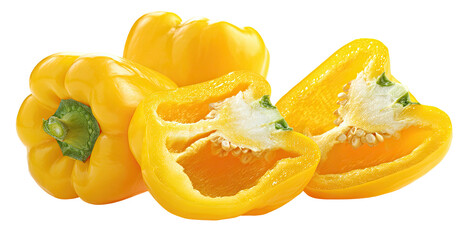 Ripe yellow bell peppers, one halved, showcasing vibrant seeds