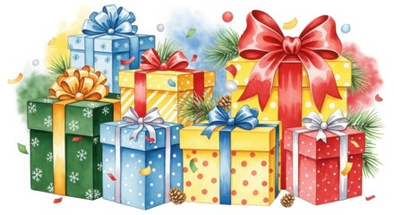 Festive watercolor gift boxes for holiday celebrations