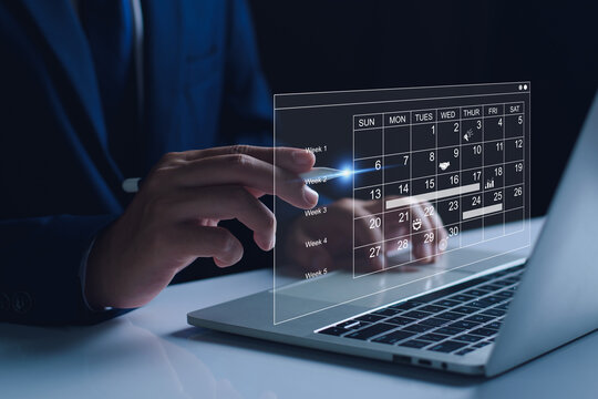 Business Plan Calendar Agenda work schedule and Project management concept, Businessman manages time for effective working with Calendar on virtual screen, Reminder appointment.