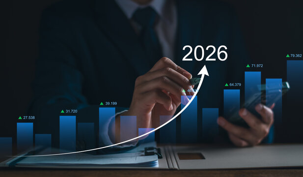 Business goals beginning 2026 new year concept, Businessman touching increase arrow investment graph future growth 2026. Financial planning target and strategy, Budgeting Plan and business challenge.