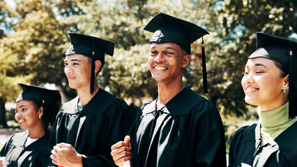 Happy people, student and graduation with qualification on campus for education or learning. Group, graduate and smile with degree or diploma for academic milestone or achievement in outdoor ceremony