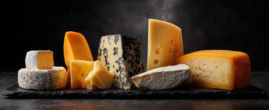 A selection of assorted cheeses, arranged on a dark slate, against a shadowed background