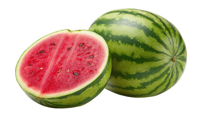 Two watermelons, one whole, one halved, showing bright red flesh and seeds