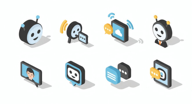 Modern isometric vector icons set depicting artificial intelligence, chatbot communication, digital interaction, and smart technology concepts for web and app interfaces.