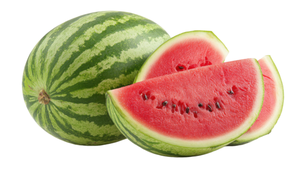 Fresh, ripe watermelon whole and sliced, with vibrant red flesh