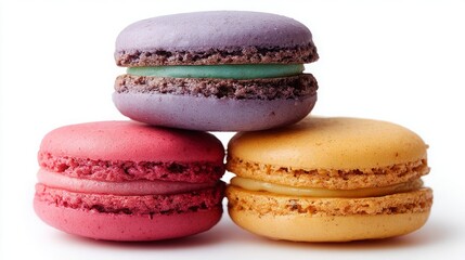 Three colorful macarons stacked on a white background, showcasing vibrant hues and delicate textures.