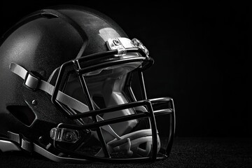 Fototapeta premium A shadowed, close-up shot of a black football helmet, showcasing its detail