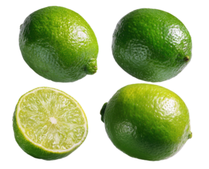 Four bright green citrus fruits, one halved to show juicy interior
