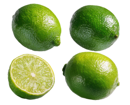 Four bright green citrus fruits, one halved to show juicy interior